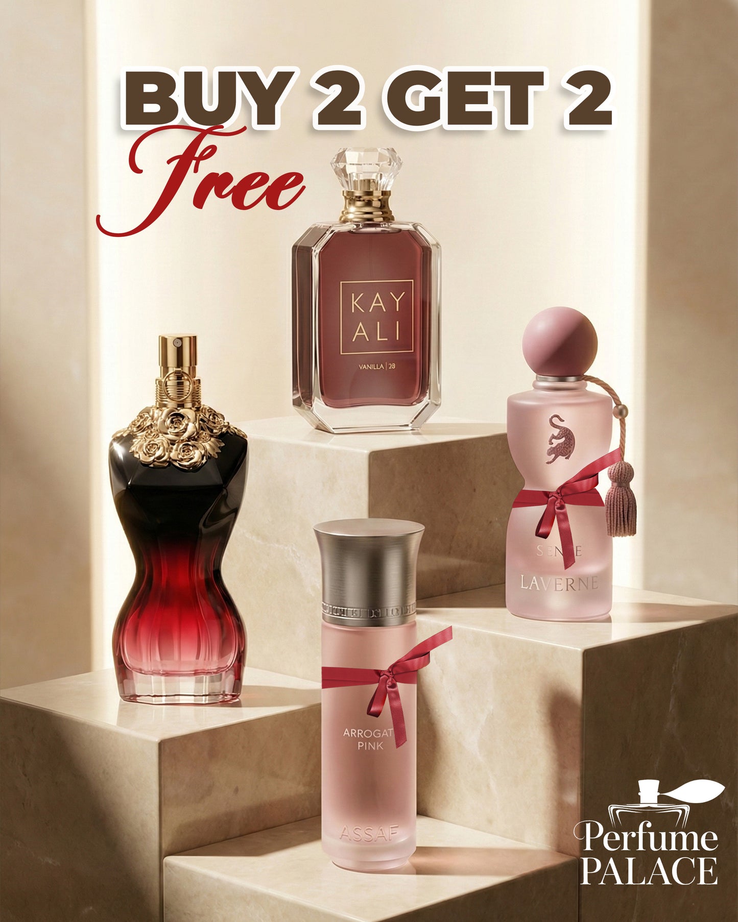 Laverne sense + Kayali vanilla 28 + La belle + Assaf arrogate pink